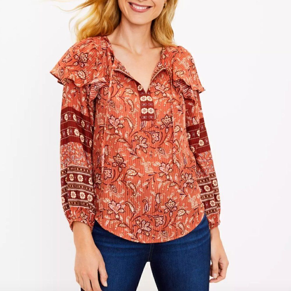 Loft Bouquet Ruffle Tie Neck Blouse Size M - Picture 4 of 9